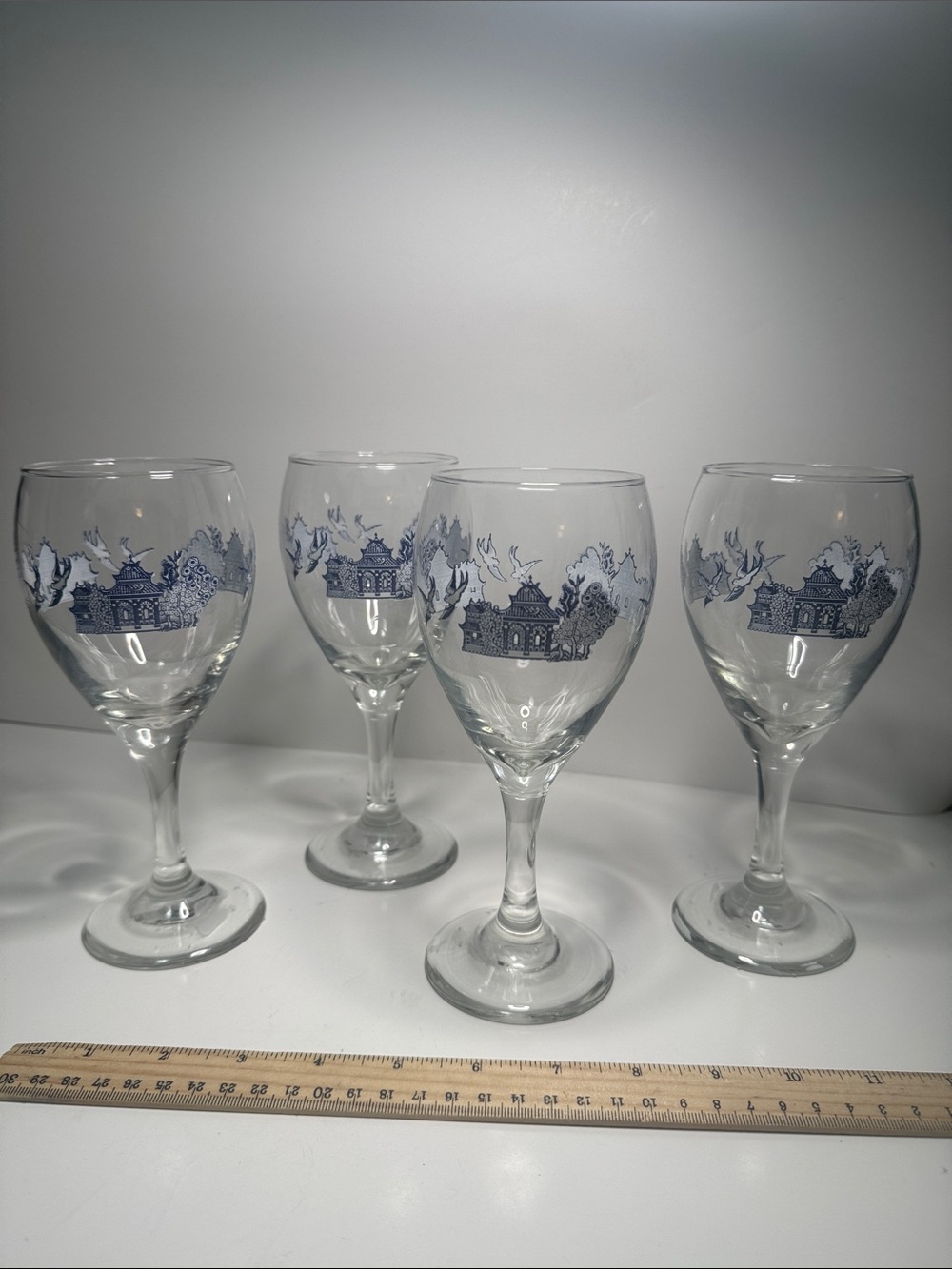 Vintage four Johnson Brothers Willow Blue 12 oz glassware goblet wine glass